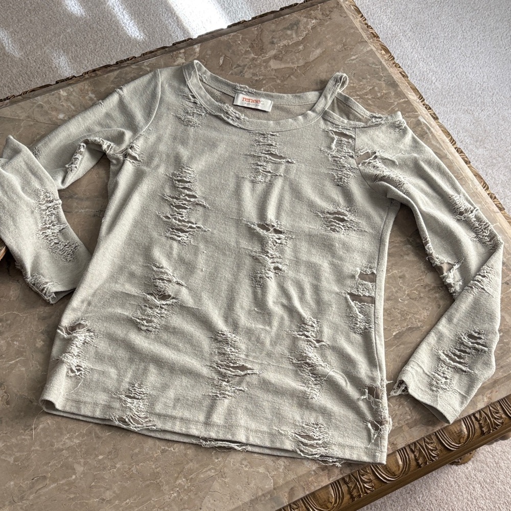 Renee C. Distressed Cream Long Sleeve Top